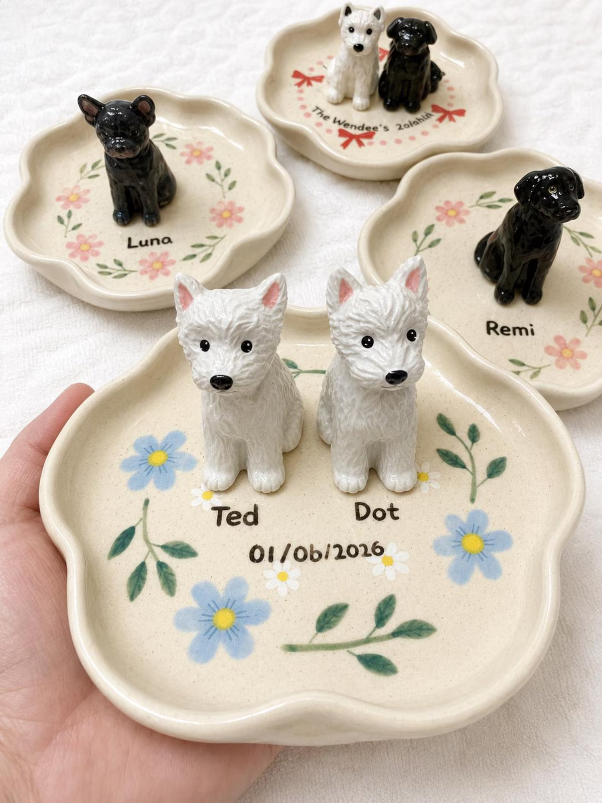 Custom Pet Portrait Ring Dish, Hand-Painted Ceramic Jewelry Tray with Sculpted Dog Figurine, Personalized Trinket Holder for Pet Lovers. CPPETAL08