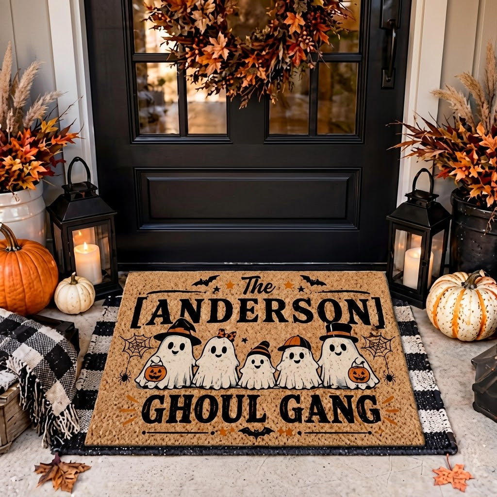 Personalized Halloween Doormat, Ghoul Gang Family Name Mat, Custom Ghost Doormat, Fall Porch Decor, Halloween Welcome Mat Gift. DMPETAL14