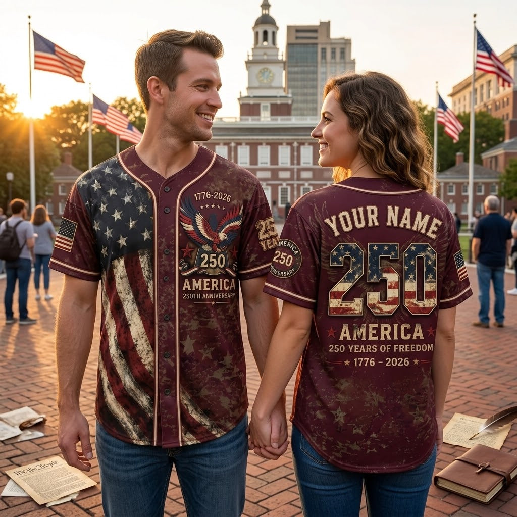 America 250th Anniversary Baseball Jersey, Custom Name USA Jersey, 1776–2026 Patriotic Baseball Shirt, Fourth of July Freedom Jersey. BJPETAL09