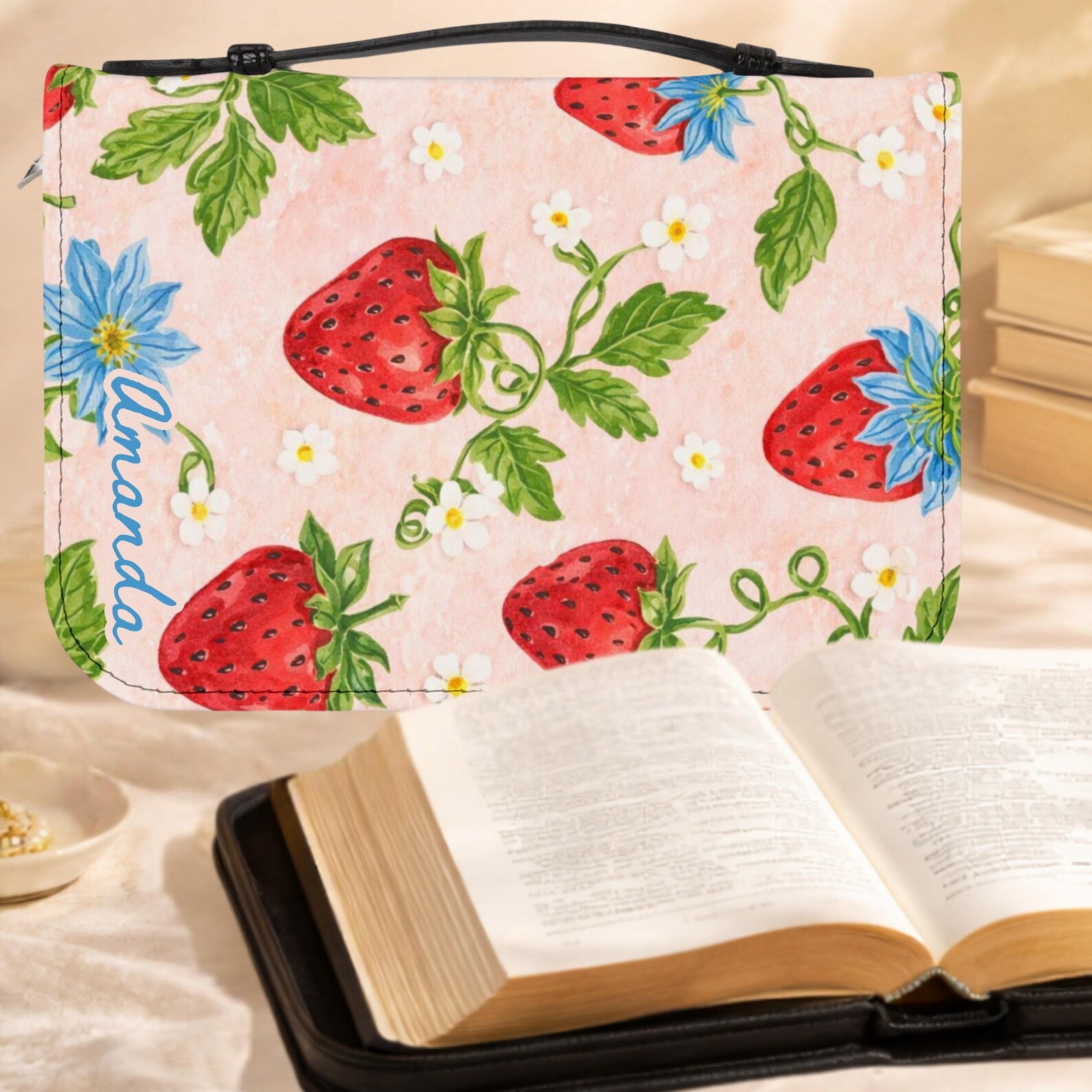 Coquette Strawberry Bible Cover Personalized Scripture Sleeve Cute Christian Book Cover Cottagecore Bible Bag Gift for Teen Girl Church Tote. BCPETAL19