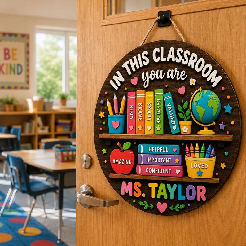 Custom Teacher 3D Door Welcome Hanger | Personalized Wooden Classroom Name Sign | Back to School Gift for Teacher | Desk Name Plate. DHPETAL04