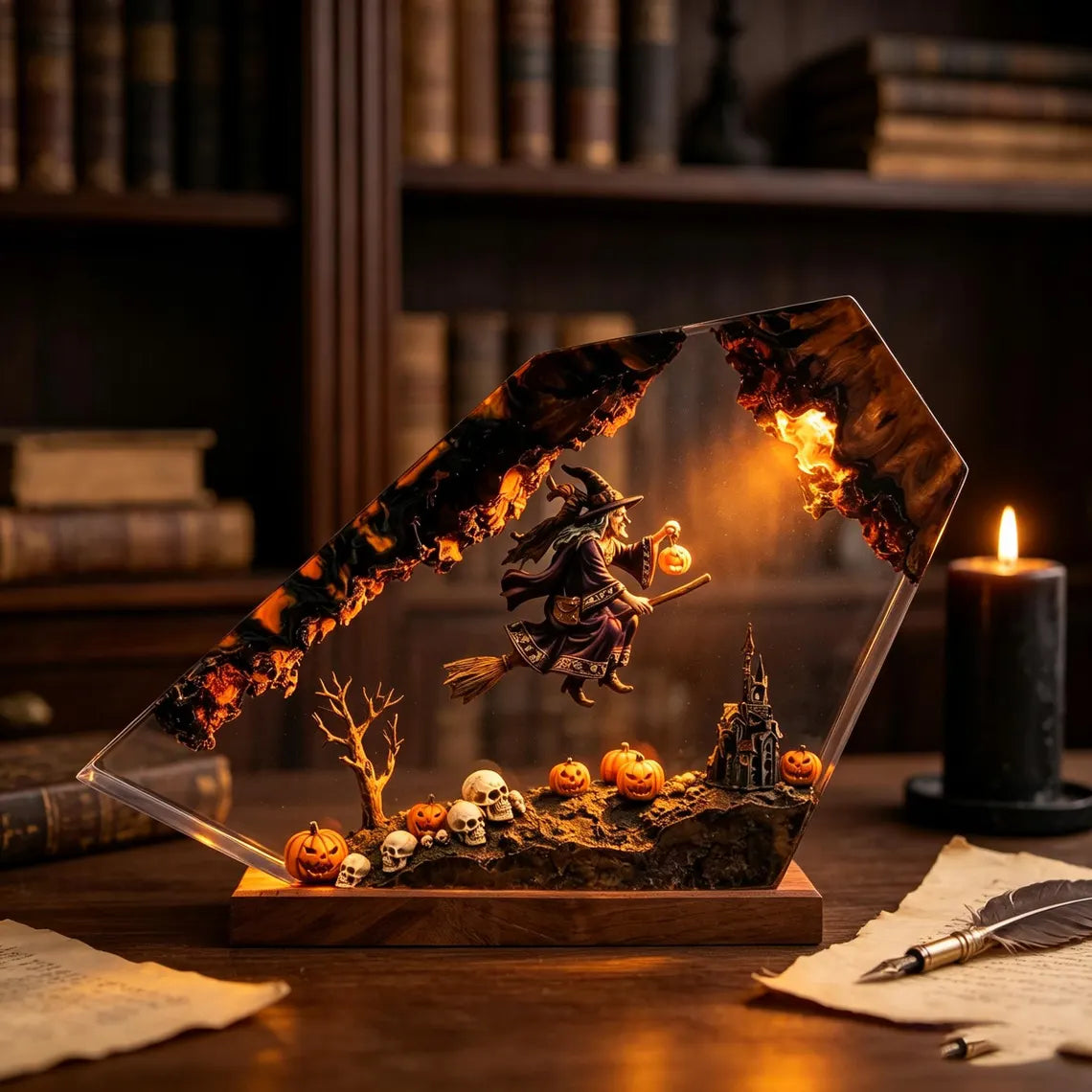 Halloween Witch Resin Night Light, Handmade Flying Witch Pumpkin Skull Haunted Castle Table Lamp, Spooky Home Decor, Unique Halloween Gift. RLPETAL02