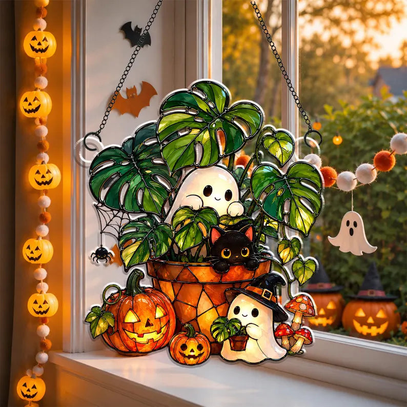 Cute Ghost Plant And Black Cat Acrylic Suncatcher, Pumpkin Window Hanging, Hangings Plant Lover Gift, Black Cat Lover Gift, Halloween Decor. HSPETAL2