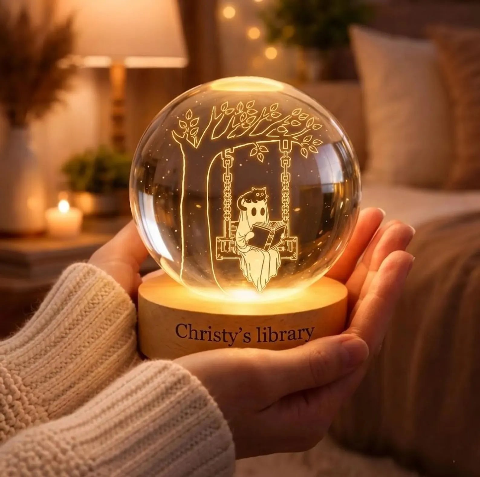 Personalized Ghost Reading Book Crystal Ball, Custom Library Night Light, Book Lover Gift, Cute Ghost Black Cat Lamp, Bookish Room Decor. LEDPETAL20