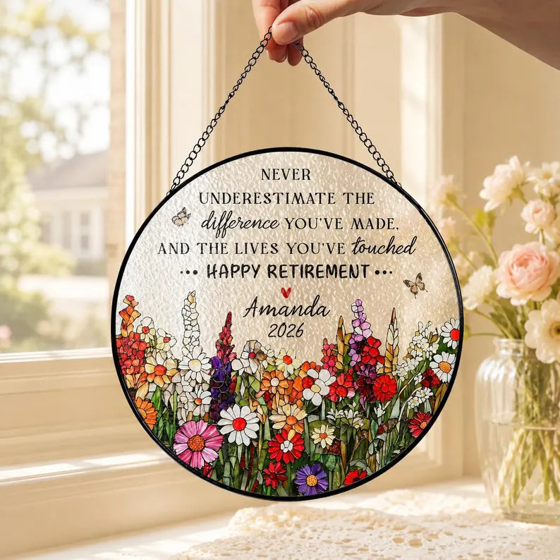 Retirement Stained Glass Suncatcher, Personalized Floral Retirement Window Decor, Colleague Retirement Keepsake, Coworker Gift, Grandma Gift. SUNPETAL18
