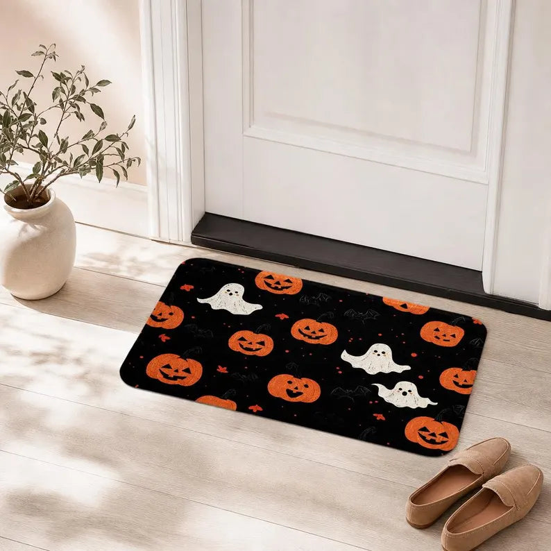 Halloween Doormat: Pumpkin Ghost Bat Black Welcome Mat (Indoor/Outdoor) . DMPETAL19