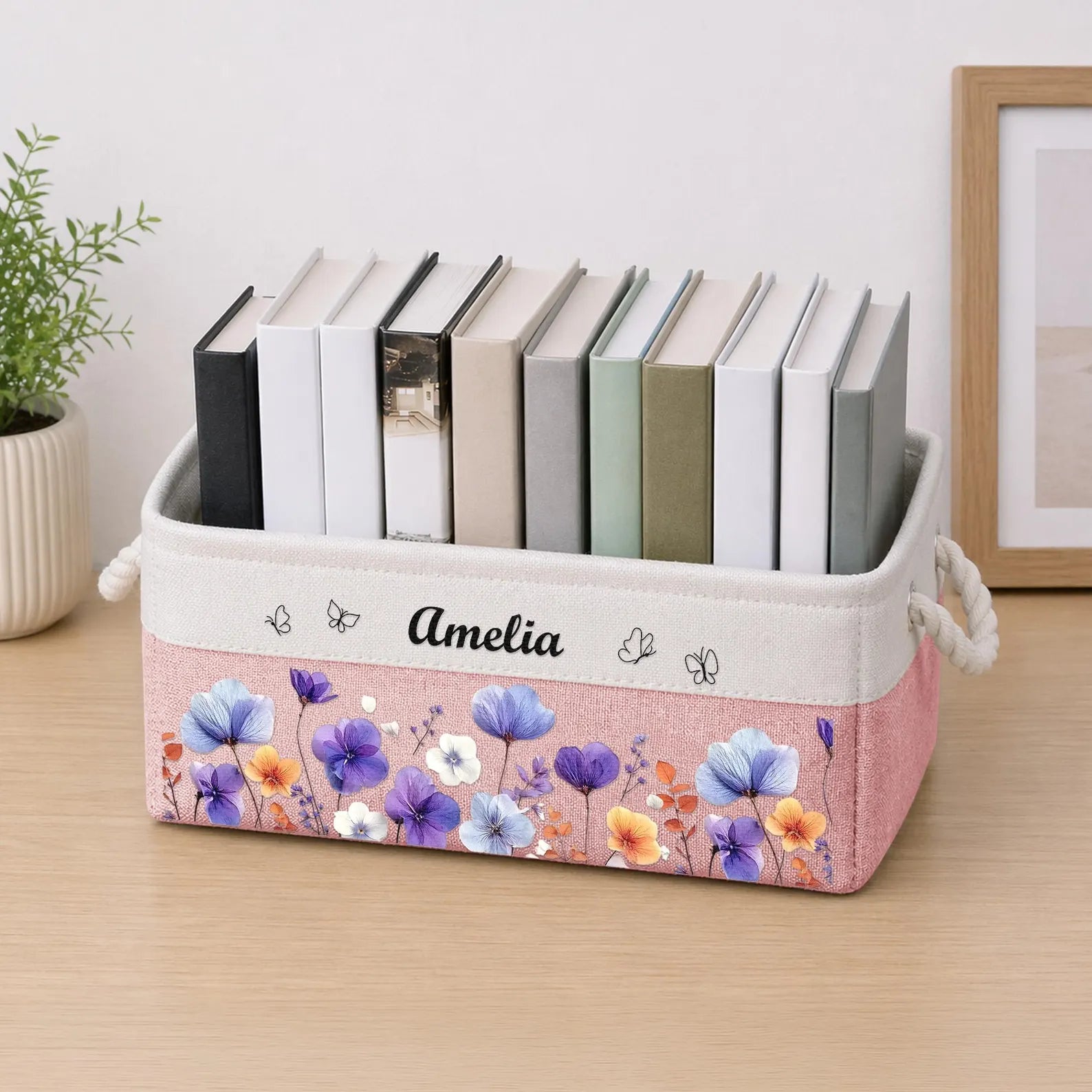 Personalized Birth Month Flower & Name Storage Book Basket, Custom Birth Flower Gift for Her, Wife, Daughter, Sister, Coworker, Reading Gift. BBPETAL6