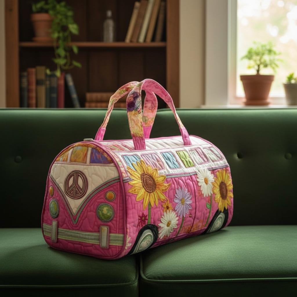 Pink Sunflower Camper Van Quilted Duffle Bag – Floral Boho Travel Weekender Tote, Hippie Overnight Bag, Cute Summer Duffel Gift for Women