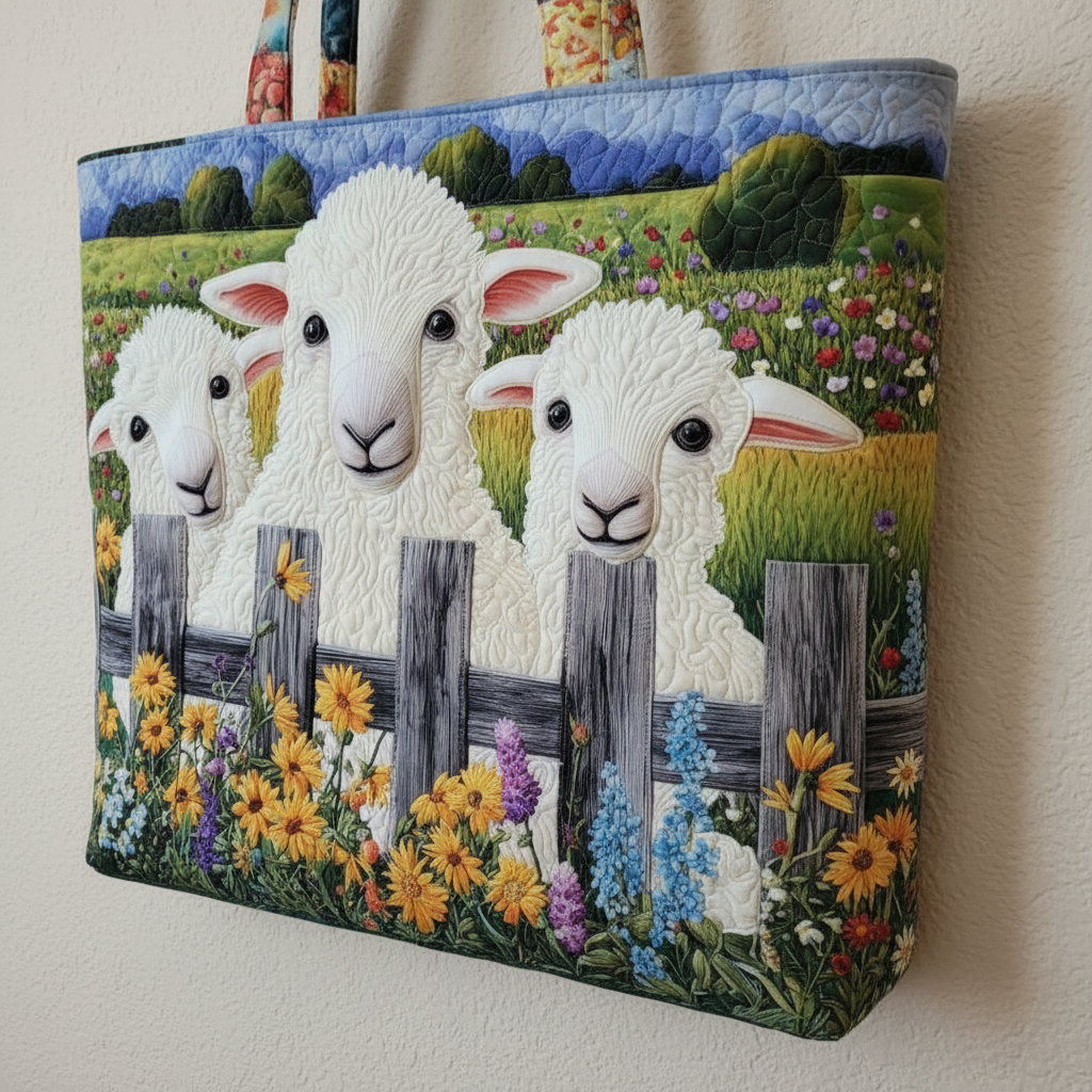 Sheep Farm Quilted Tote Bag – Cute Lamb Fence Floral Shoulder Bag, Cottagecore Meadow Market Tote, Animal Lover Gift for Women