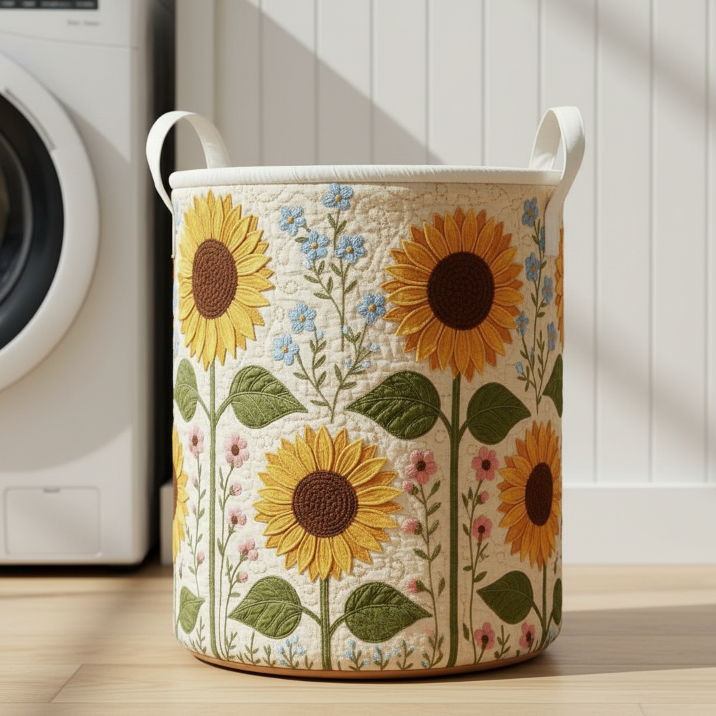 Sunflower Quilted Laundry Basket – Floral Storage Bin, Farmhouse Fabric Hamper, Rustic Home Decor Organizer