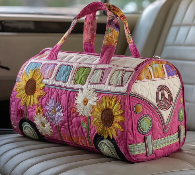 Pink Sunflower Camper Van Quilted Duffle Bag – Floral Boho Travel Weekender Tote, Hippie Overnight Bag, Cute Summer Duffel Gift for Women