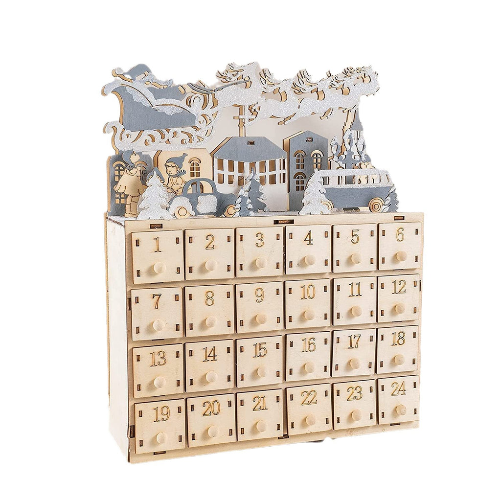 Wooden Christmas Advent Calendar with 24 Drawers, Santa Sleigh Reindeer Village Holiday Countdown Decor – ACPETAL05