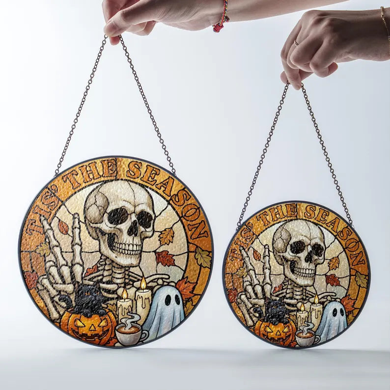 Tis The Season Stained Glass Suncatcher, Cute Skeleton Halloween Window Hanging Decor, Cozy Autumn Ghost Pumpkin Ornament,Spooky Season Gift. HSPETAL5
