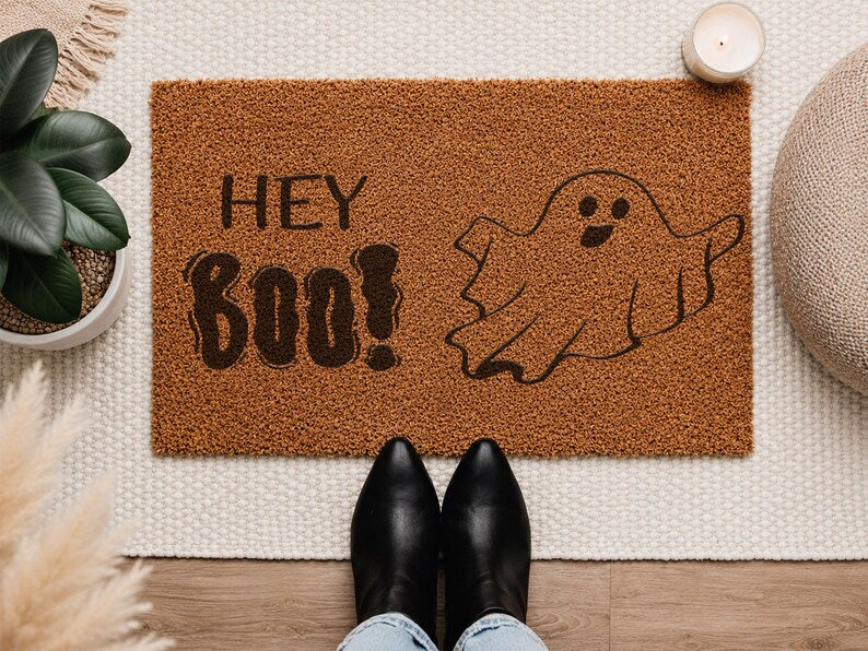 Personalized Halloween Doormat, Custom Pumpkin Face Doormat, Hey Boo Door Mat, Spooky Welcome Mat, Halloween Decor, Custom Name Rug. DMPETAL11