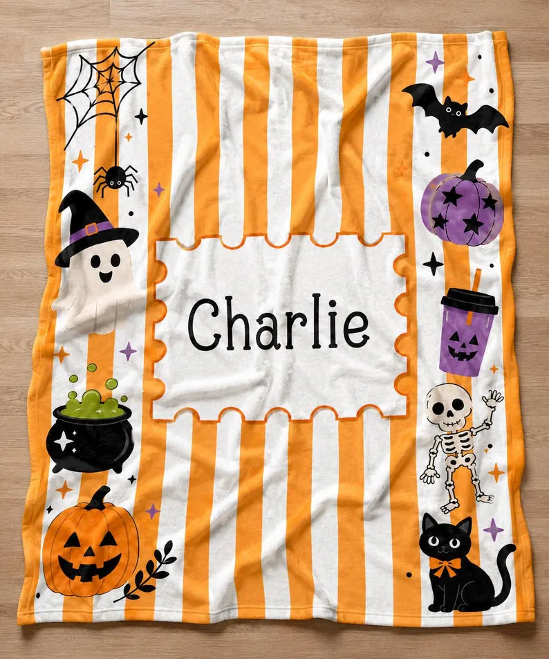 Personalized Halloween Stripe Plush Blanket For Kid, Cute Ghost Pumpkin Cat Bat Skeleton Blanket, Halloween Name Blanket, Kid Halloween Gift. BLKPETAL2