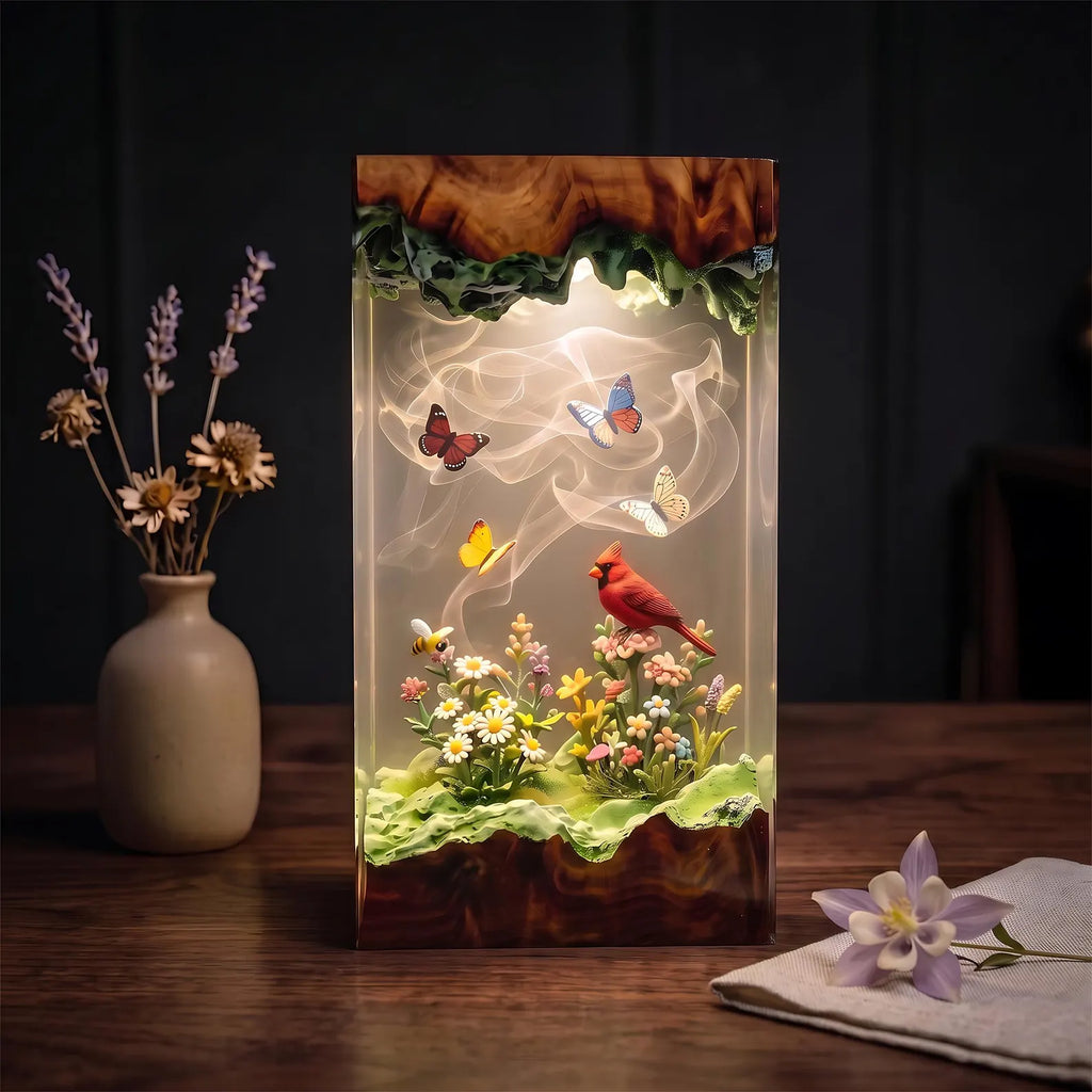 Red Cardinal Memorial Resin Lamp, Heavenly Garden Scene, Butterfly and Floral Night Light, Handmade Epoxy Decor, Christmas Gift. RLPETAL14