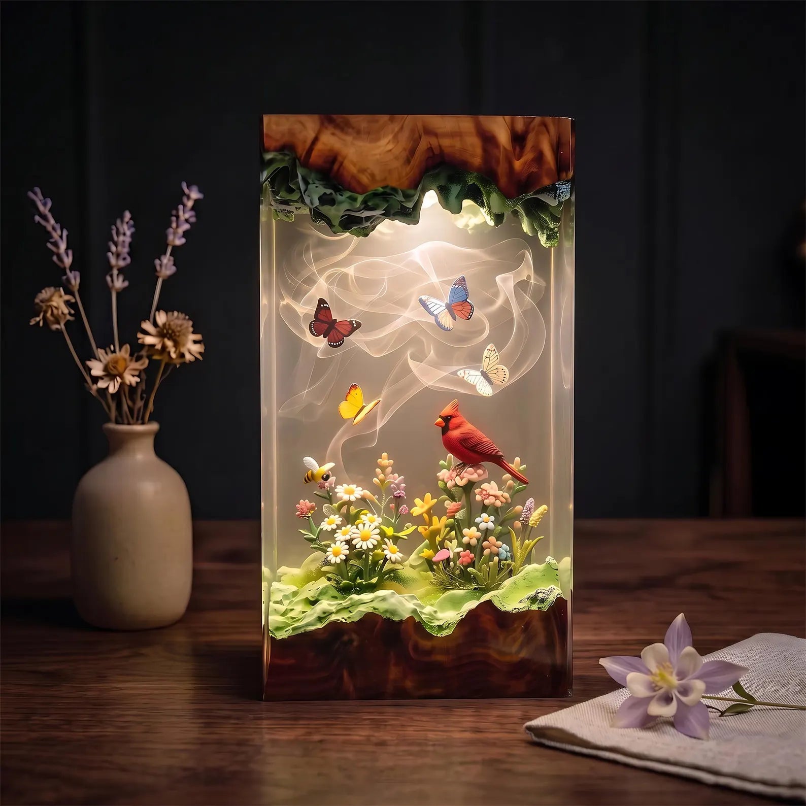 Red Cardinal Memorial Resin Lamp, Heavenly Garden Scene, Butterfly and Floral Night Light, Handmade Epoxy Decor, Christmas Gift. RLPETAL14