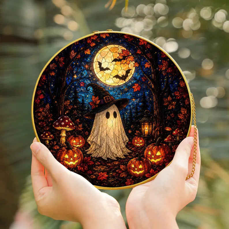 Halloween Ghost Pumpkin Stained Glass Window Suncatcher, Cute Spooky Hanging Decor, Fall Home Ornament Art Piece - Golden Frame. HSPETAL15
