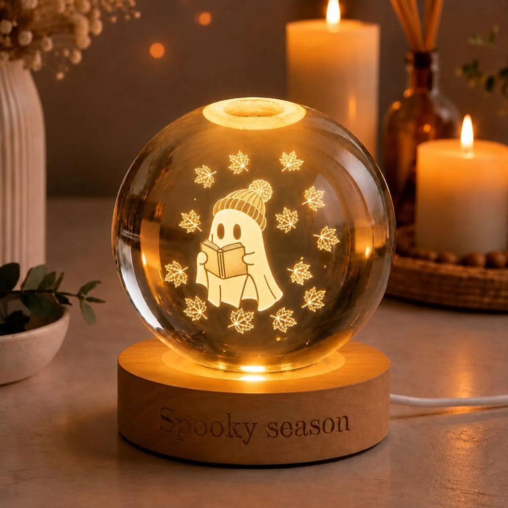 Spooky Season Ghost Lamp, 3D Engraved Bookish Ghost Crystal Sphere, Cozy Fall Room Decor, Halloween Bookworm Gift, Autumn Leaves Night Light. LEDPETAL19