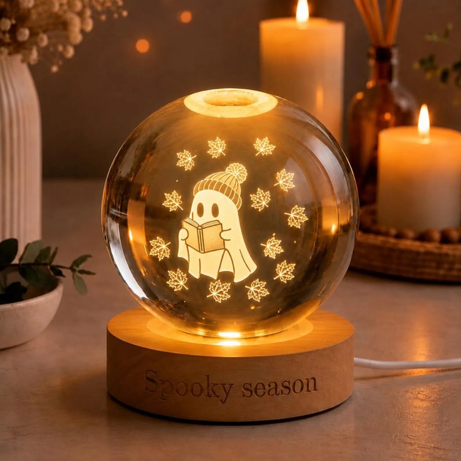 Spooky Season Ghost Lamp, 3D Engraved Bookish Ghost Crystal Sphere, Cozy Fall Room Decor, Halloween Bookworm Gift, Autumn Leaves Night Light. LEDPETAL19