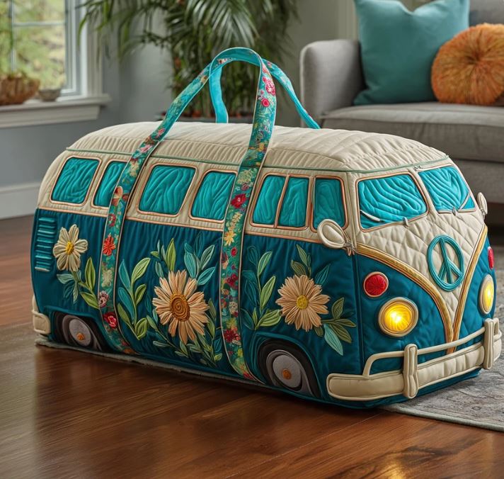 Teal Floral Camper Van Quilted Duffle Bag – Boho Travel Weekender Tote, Vintage Hippie Overnight Bag, Cute Summer Duffel Gift for Women