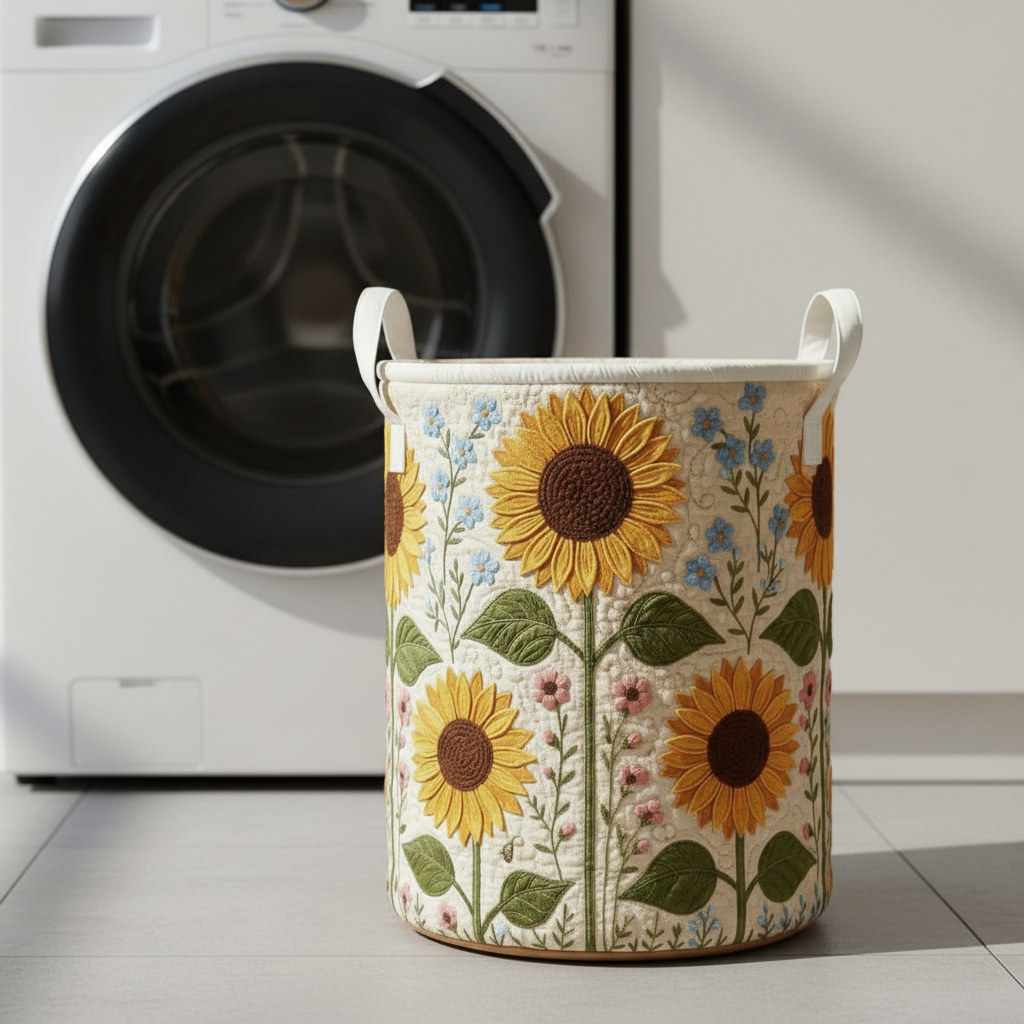 Sunflower Quilted Laundry Basket – Floral Storage Bin, Farmhouse Fabric Hamper, Rustic Home Decor Organizer