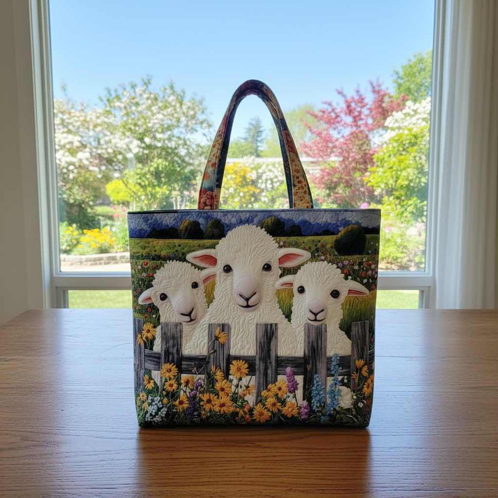 Sheep Farm Quilted Tote Bag – Cute Lamb Fence Floral Shoulder Bag, Cottagecore Meadow Market Tote, Animal Lover Gift for Women