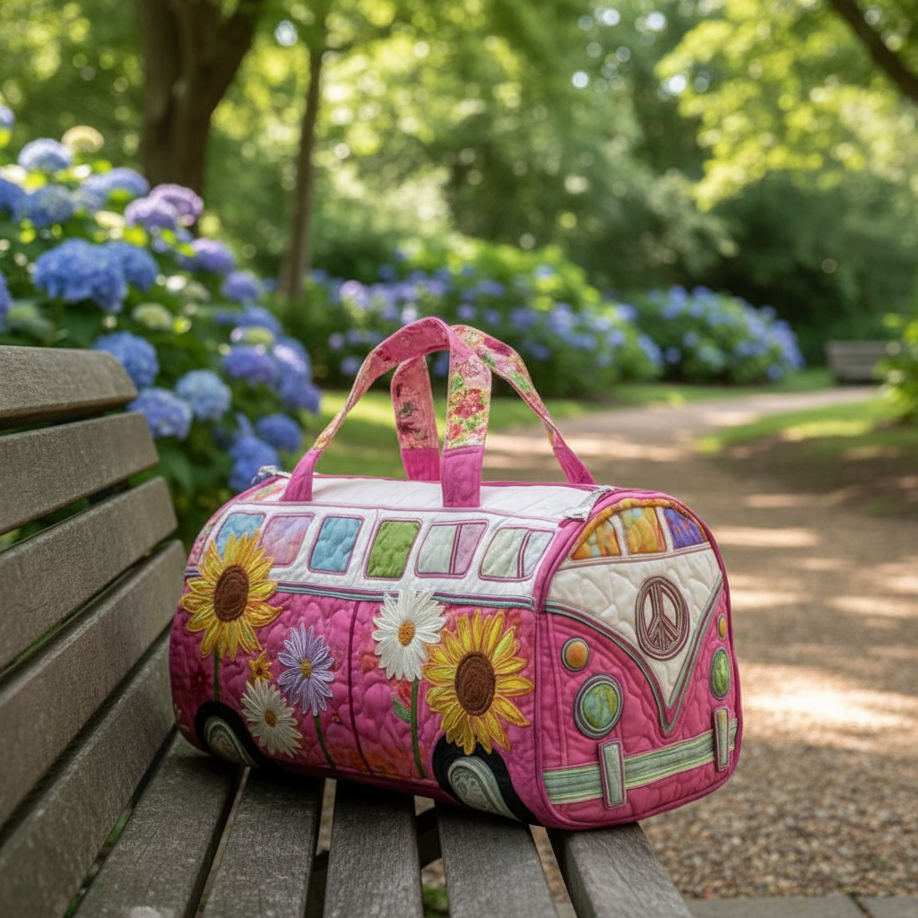 Pink Sunflower Camper Van Quilted Duffle Bag – Floral Boho Travel Weekender Tote, Hippie Overnight Bag, Cute Summer Duffel Gift for Women