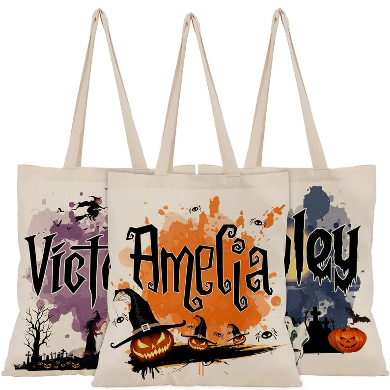 Personalized Halloween Tote Bag, Custom Name Trick or Treat Bag, Gothic Witch Pumpkin Candy Bag, Spooky Kids Halloween Gift Tote. HLWTBPETAL5