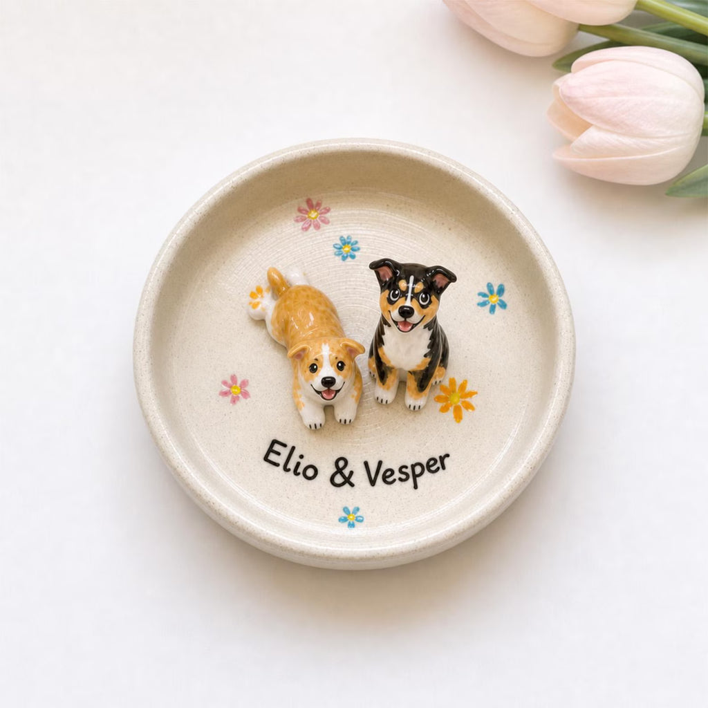 Personalized Ceramic Pet Ring Dish, Handmade 3D Dog Cat Figure, Star Pattern Jewelry Tray. CPPETAL15