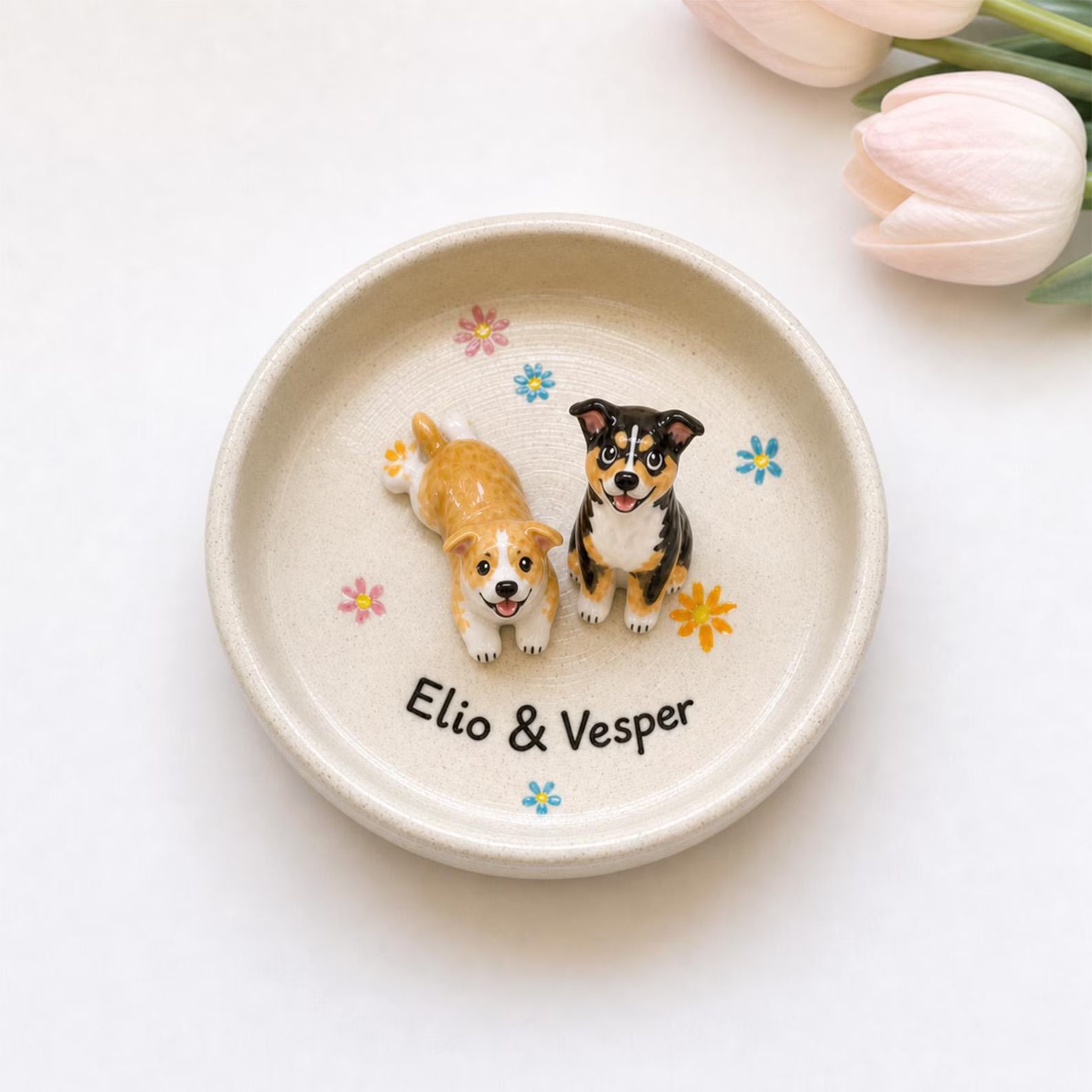 Personalized Ceramic Pet Ring Dish, Handmade 3D Dog Cat Figure, Star Pattern Jewelry Tray. CPPETAL15
