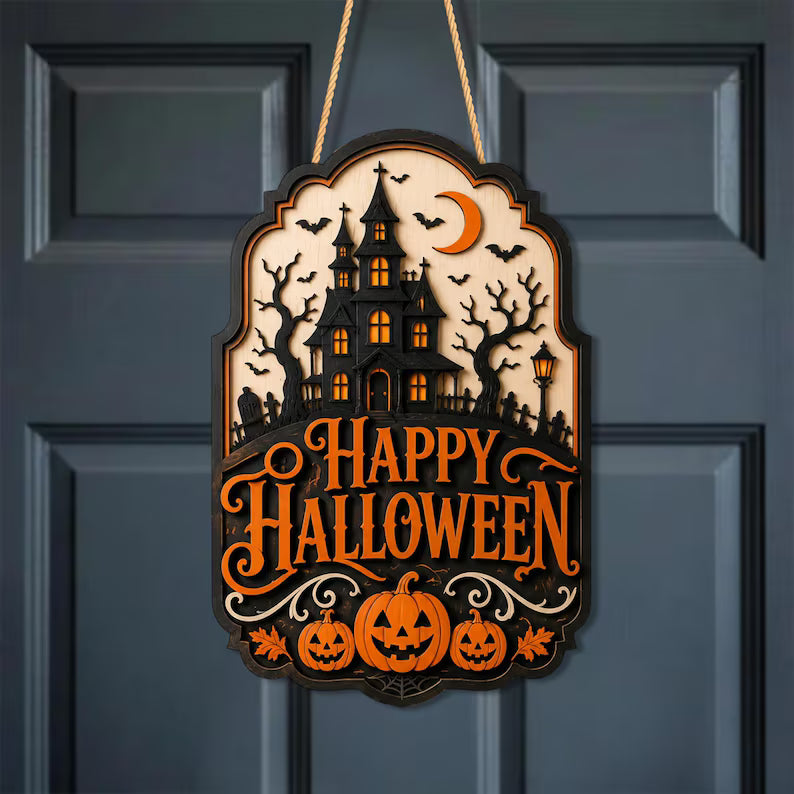 Halloween Door Sign, Haunted House Wood Hanger, Spooky Pumpkin Decor, Happy Halloween Wall Decor. HLWDHPETAL05