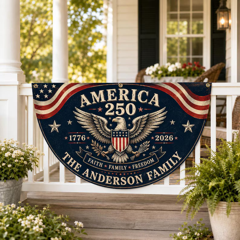 Custom 250th Anniversary Fan Flag, Personalized Family Name Patriotic Bunting, 1776-2026 USA Porch Decoration, Outdoor Patriotic Decor BPETAL09