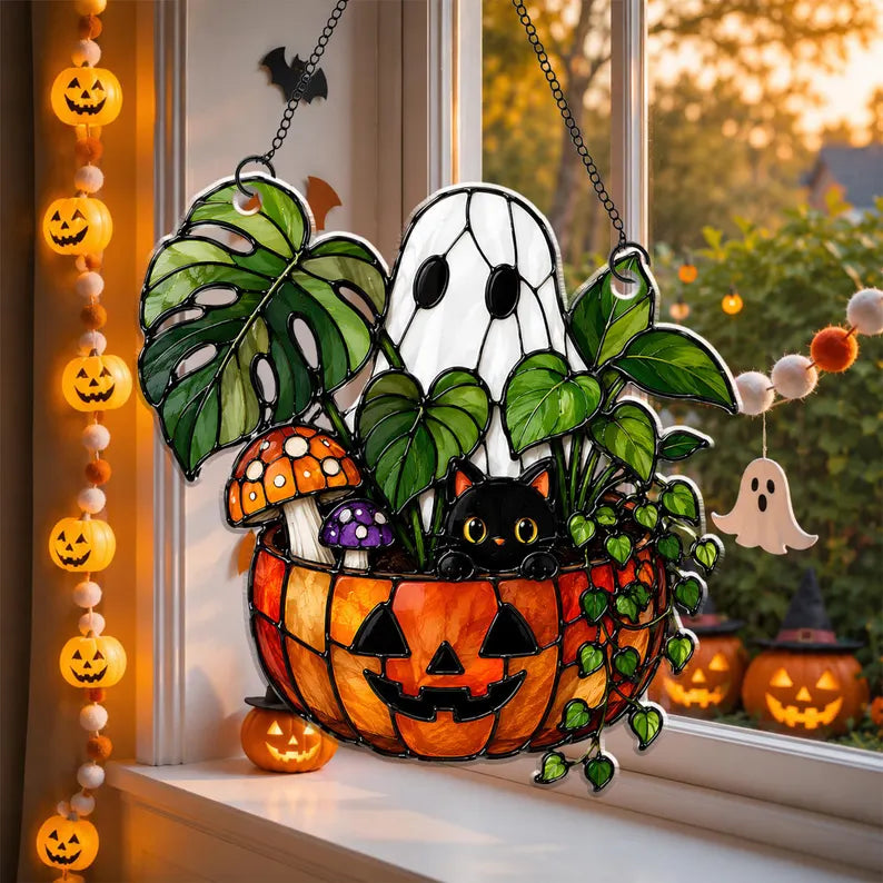 Cute Ghost Plant And Black Cat Acrylic Suncatcher, Pumpkin Window Hanging, Hangings Plant Lover Gift, Black Cat Lover, Halloween Decor. HSPETAL7