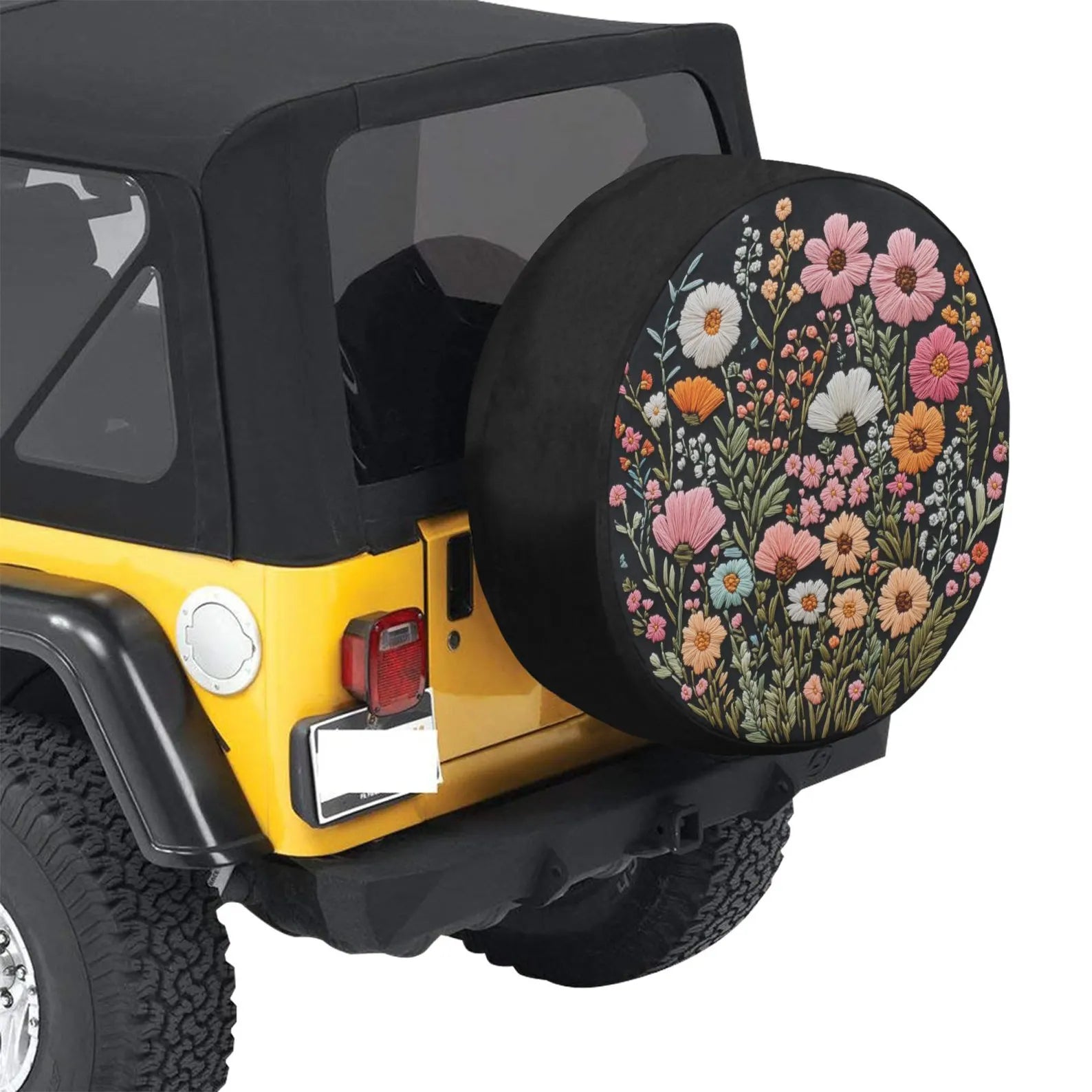 Pink Wild Flowers PVC Leather Spare Tire Cover, Faux Embroidery Printed Grassy Botanicals Floral Wheel Unique Backup Camera Hole Trailer Back Women RV. TCPETAL9