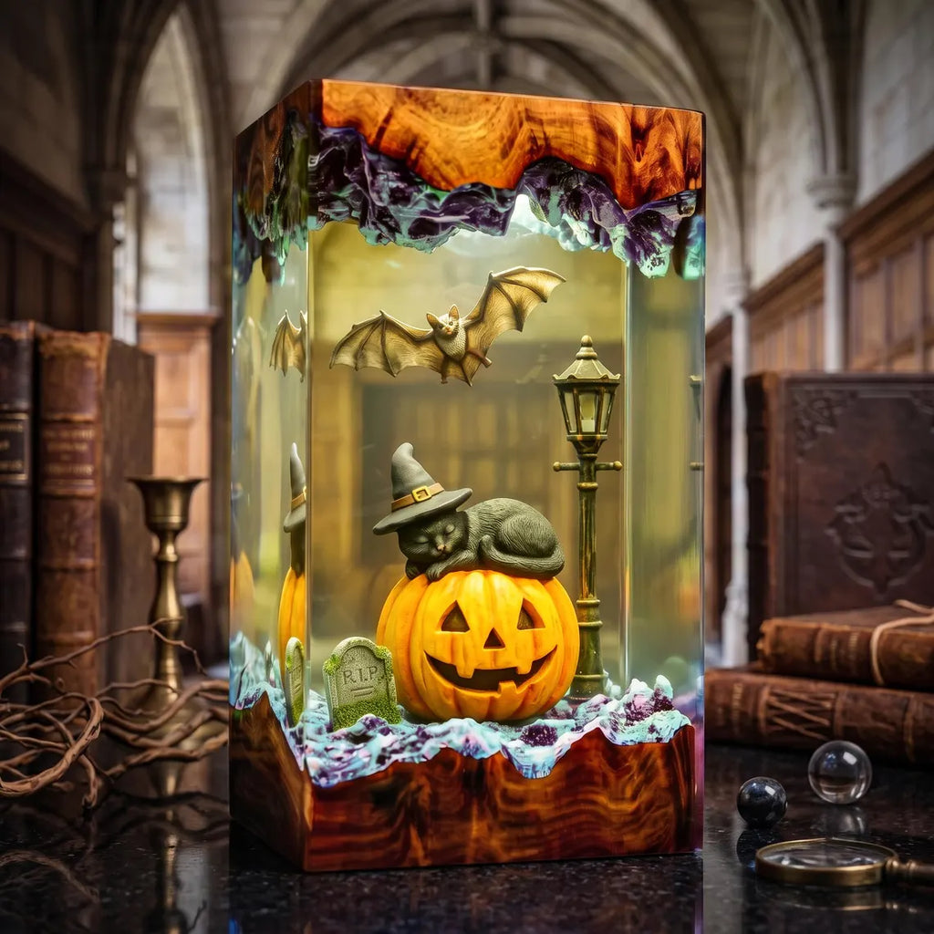 Spooky Black Cat Resin Lamp, Pumpkin Patch Night Light, Halloween Cemetery Decor, Handmade Epoxy Lamp, Fall Animal Fan Gift. RLPETAL05