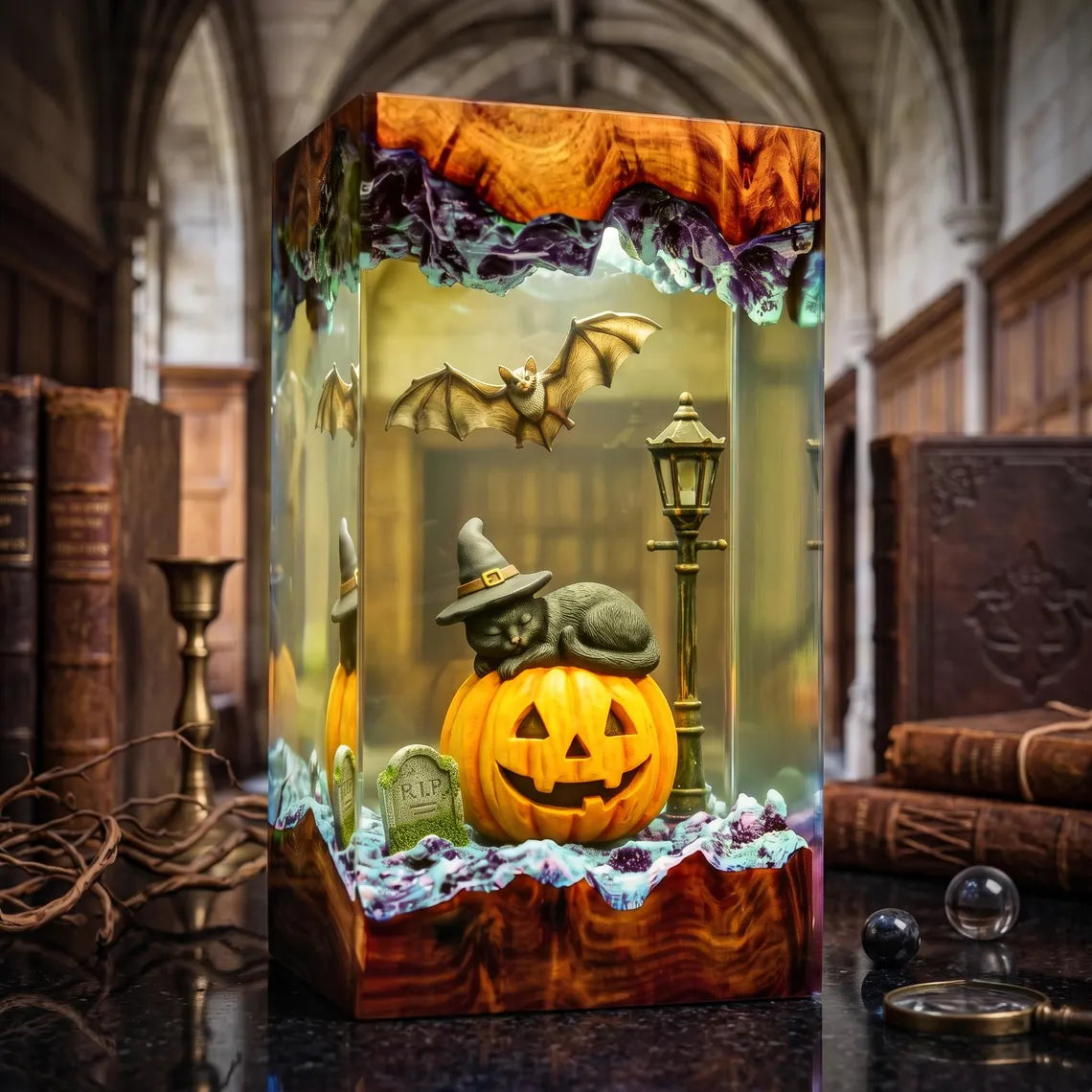 Spooky Black Cat Resin Lamp, Pumpkin Patch Night Light, Halloween Cemetery Decor, Handmade Epoxy Lamp, Fall Animal Fan Gift. RLPETAL05