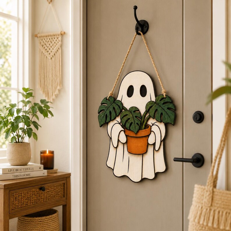 Ghost Plant Halloween Door Sign, Wooden Halloween Sign, Halloween Decor. Trick or Treat Halloween 2D Flat Sign, Wooden Halloween Door Sign, Halloween Gift. HLWDHPETAL07