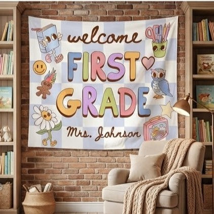 Custom First Grade Classroom Poster or Banner, Retro Classroom Decor, Elementary Teacher Pastel Wall Art, Back to School. CBPETAL18