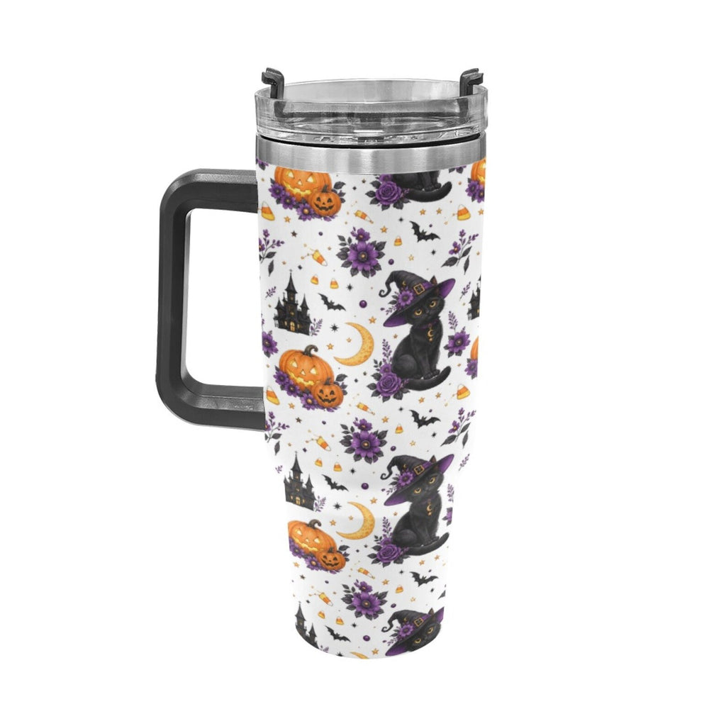 Cute Halloween Black Cat 40oz Tumbler with Handle, Witch Cat Pumpkin Bat Floral Stainless Steel Mug, Spooky Season Drinkware Gift. TBLPETAL2