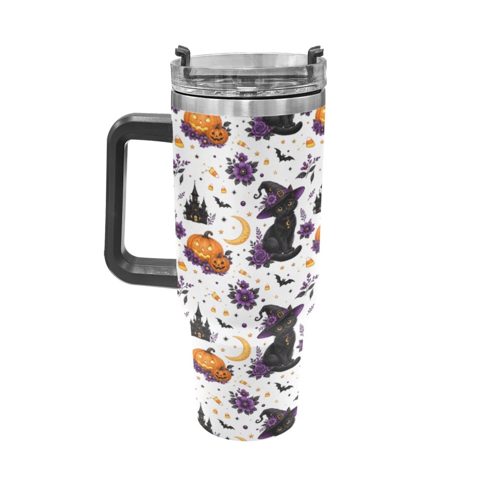Cute Halloween Black Cat 40oz Tumbler with Handle, Witch Cat Pumpkin Bat Floral Stainless Steel Mug, Spooky Season Drinkware Gift. TBLPETAL2