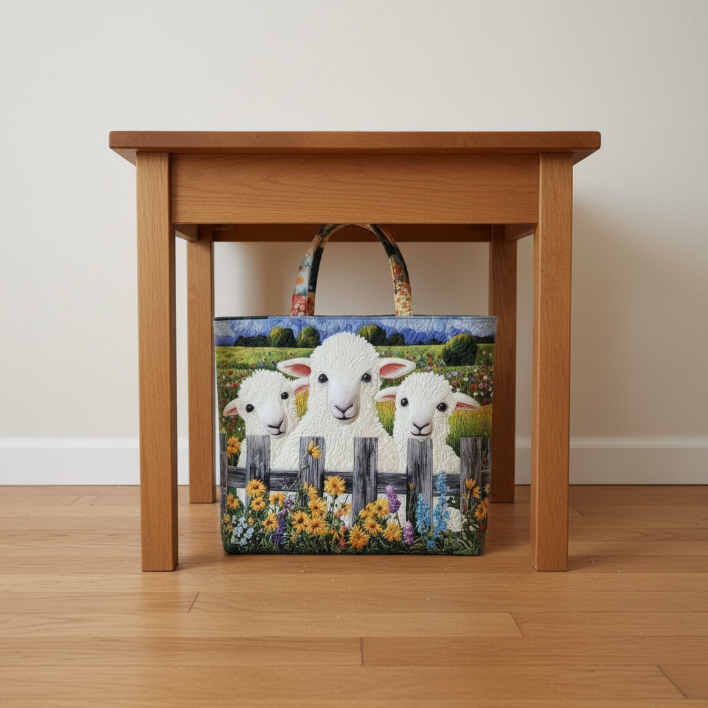 Sheep Farm Quilted Tote Bag – Cute Lamb Fence Floral Shoulder Bag, Cottagecore Meadow Market Tote, Animal Lover Gift for Women