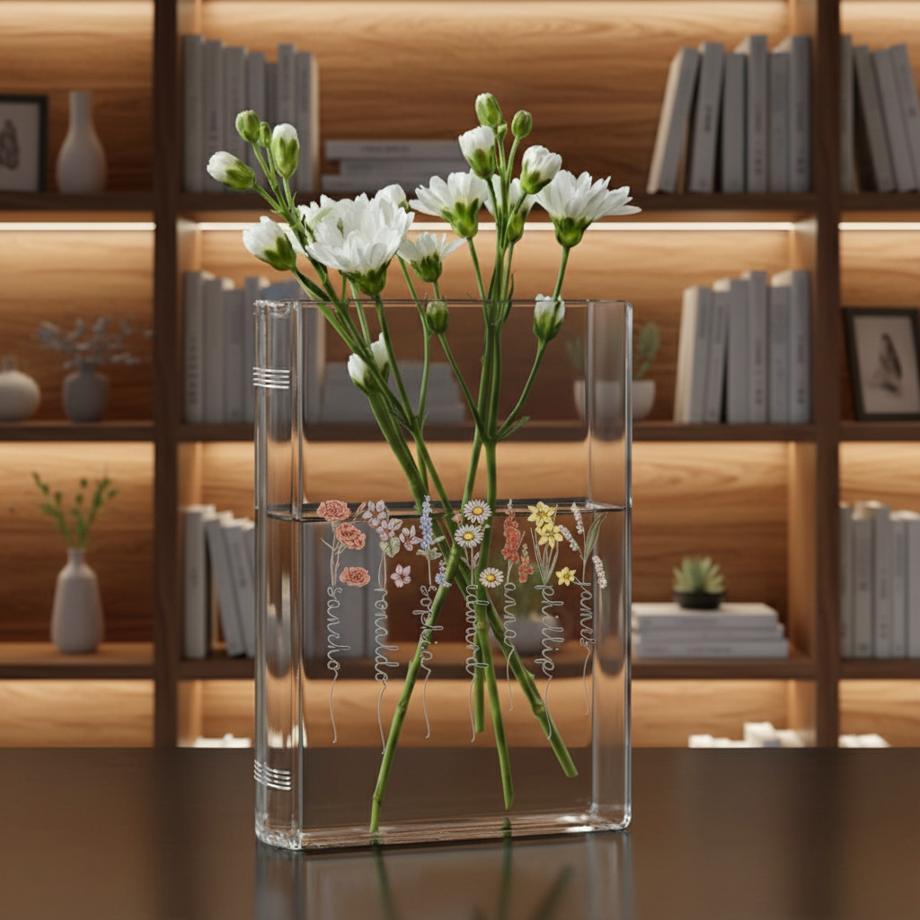 Custom Birth Month Flowers Book Vase – Personalized Mini Plant Pot for Grandma and Grandkids, Nana Succulent Pot, Perfect Mother's Day Gift for Mimi