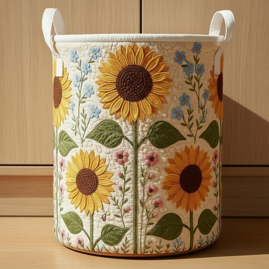 Sunflower Quilted Laundry Basket – Floral Storage Bin, Farmhouse Fabric Hamper, Rustic Home Decor Organizer