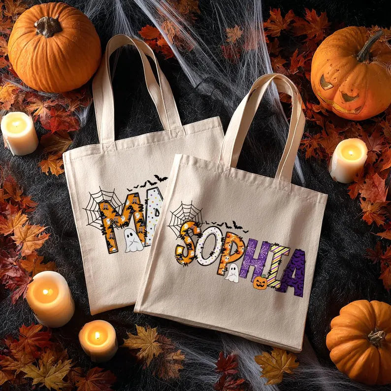 Personalized Halloween Tote Bag, Custom Name Trick or Treat Bag, Cute Ghost Pumpkin Candy Bag, Halloween Party Favor for Kids, Spooky Gift Bag. HLWTBPETAL2