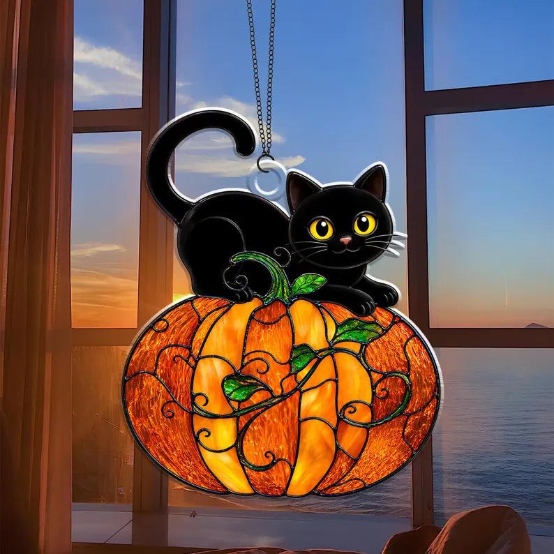 Cat And Pumpkin Acrylic Suncatcher Ornament, Halloween Suncatcher Window Hanging, Halloween Decor, Black Cat Lover Gift, Cute Halloween Gift. HSPETAL6
