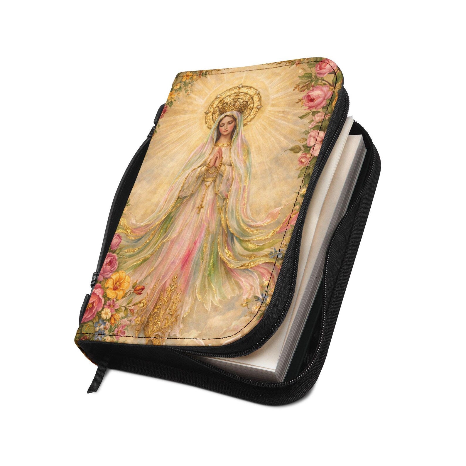 Our Lady Bible Cover Case, Blessed Mother Catholic Scripture Bag, Floral Christian Gift. BCPETAL18