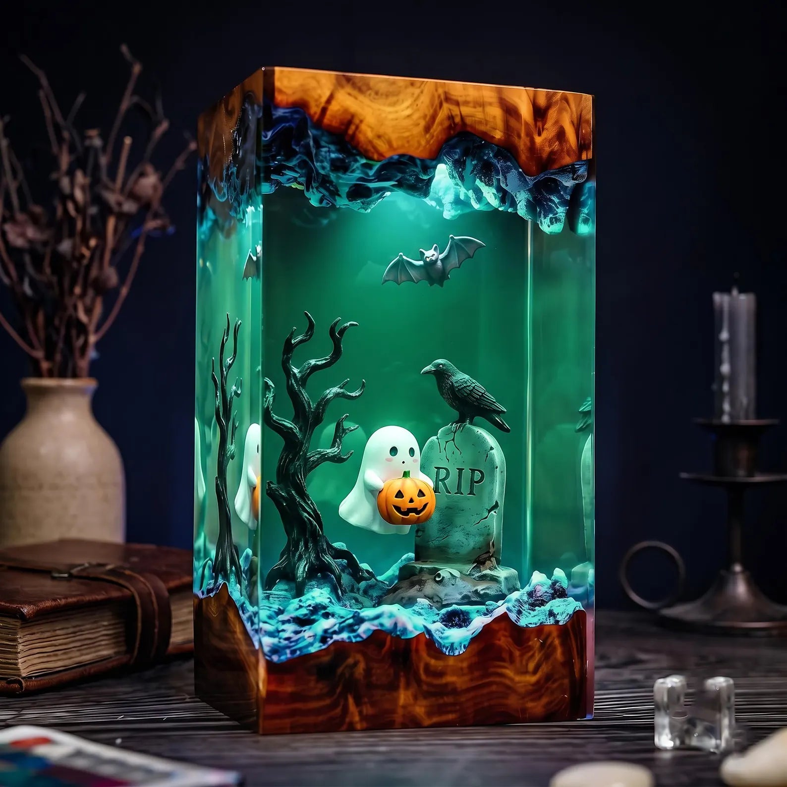Haunted Raven Resin Lamp, Ghostly Cemetery Night Light, Jack O Lantern Decor, Flying Bats, Handmade Epoxy Halloween Gift. RLPETAL16