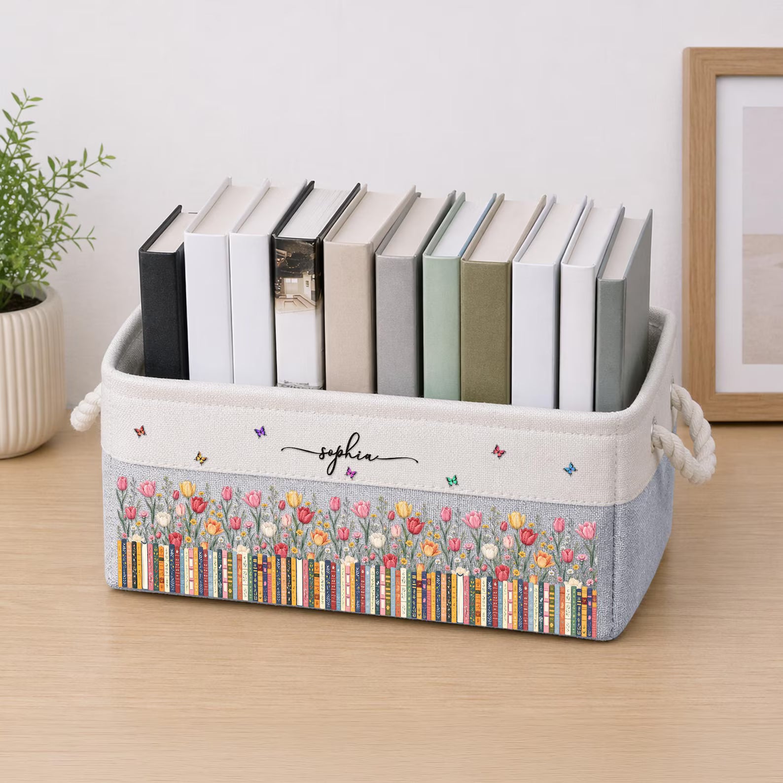 Custom Birth Flower Book Basket With Name, Floral Canvas Storage Bin, Book Lover Decor, Personalized Organizing Basket, Gift For Librarian. BBPETAL1