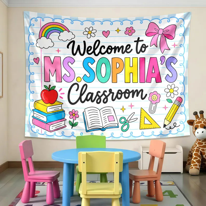 Personalized Teacher Back To School Tapestry Banner, Custom Welcome Classroom Banner with Name, First Day of School Gifts, Gift for Teacher. CBPETAL15